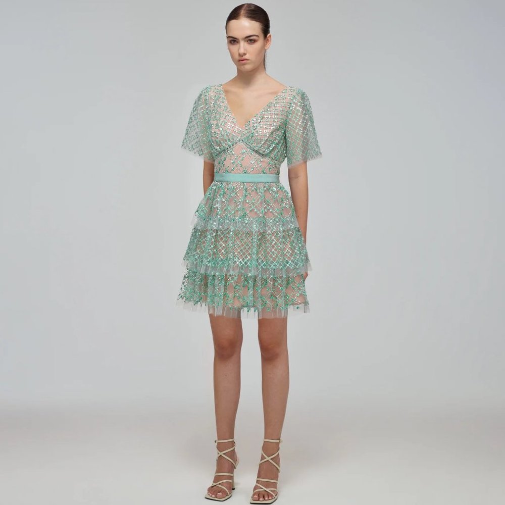 Self Portrait Grid Sequin Tiered Mini Dress